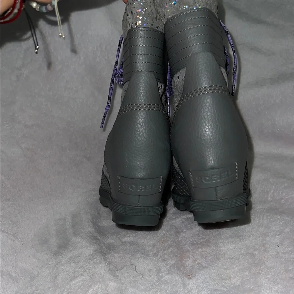 Sorel Women's Boot Sz 5 Gray Lexie Leather Suede Glitter Wedge Waterproof Snow - Picture 3 of 8
